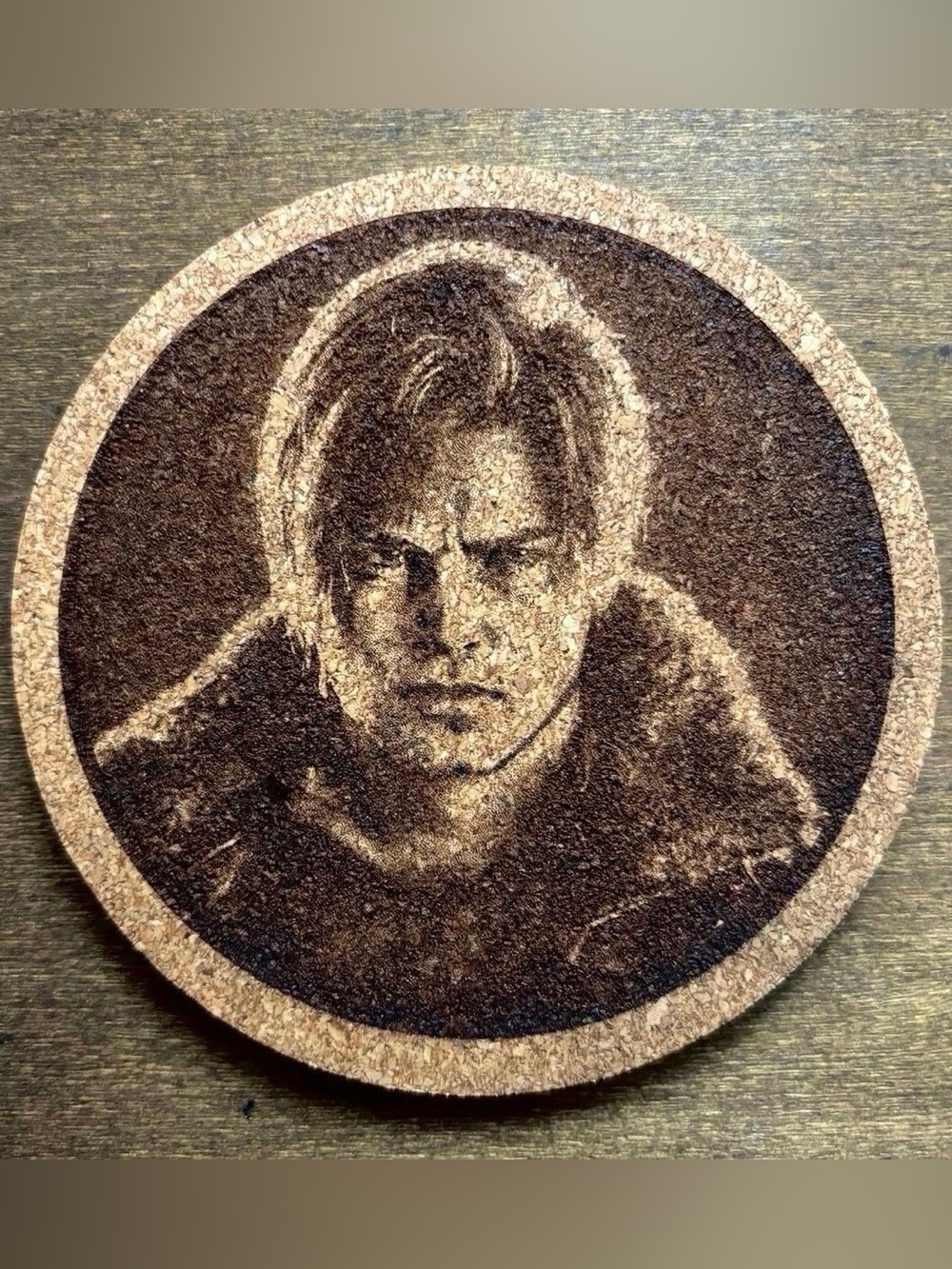 Resident Evil Requiem Leon S. Kennedy Laser Engraved Cork Coaster